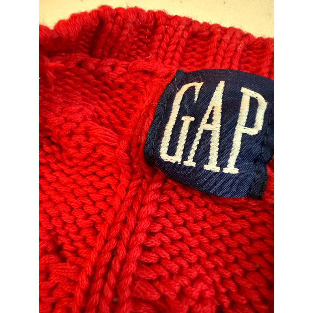 Vintage 90s GAP XL Red Cable Knit Cardigan Sweater Plaid Ribbon Weave 100% Cott - Picture 5 of 10